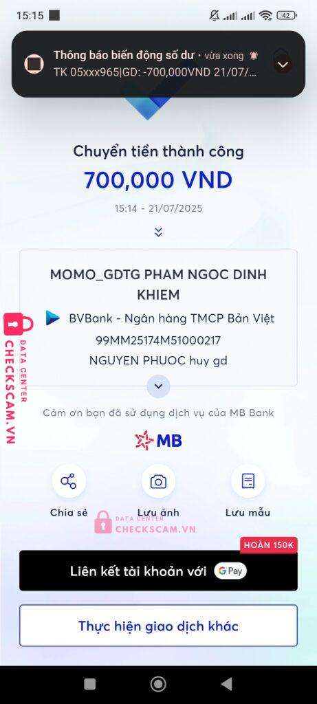 99MM25174M51000217 PHAM NGOC DINH KHIEM BV BANK bị cảnh báo lừa đảo scam
