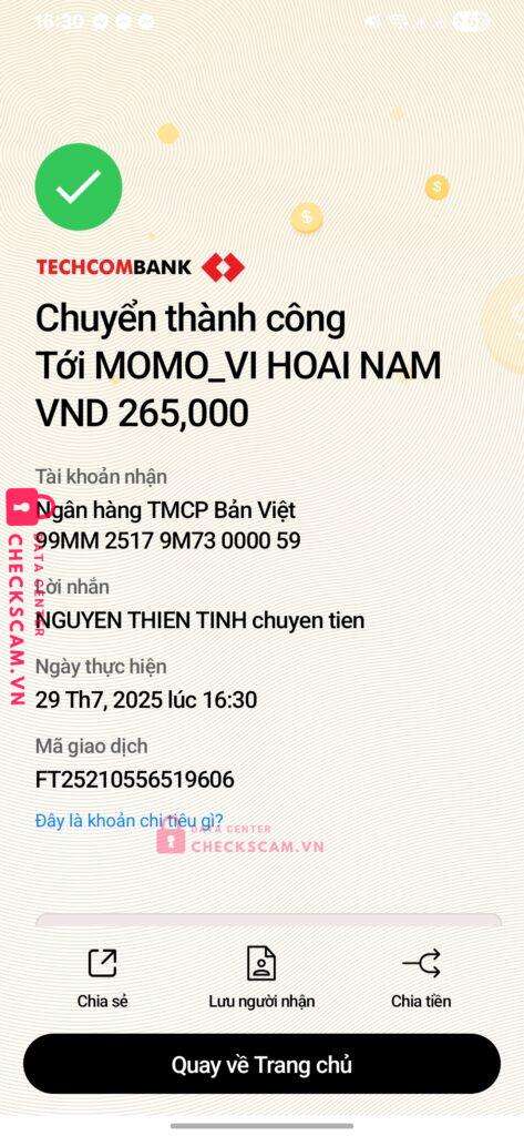 99MM25179M73000059 VI HOAI NAM BV BANK bị cảnh báo lừa đảo scam