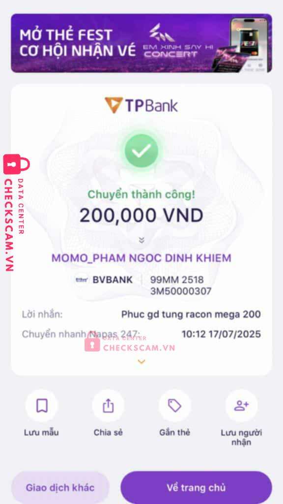 99MM25183M50000307 Pham Ngoc Dinh Khiem BV BANK bị cảnh báo lừa đảo scam