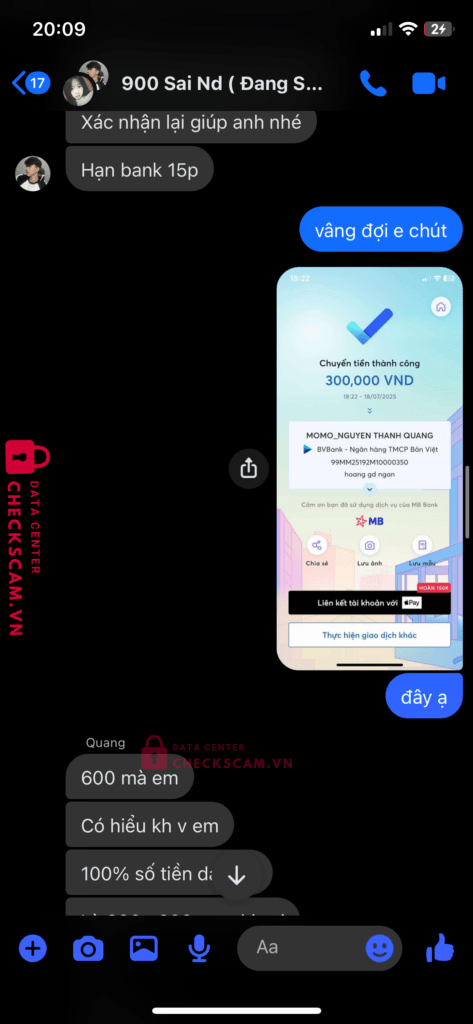 99MM25192M10000350 NGUYEN THANH QUANG BV BANK bị cảnh báo lừa đảo scam