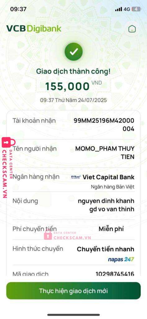 99MM25196M42000004 PHAM THUY TIEN BV BANK bị cảnh báo lừa đảo scam