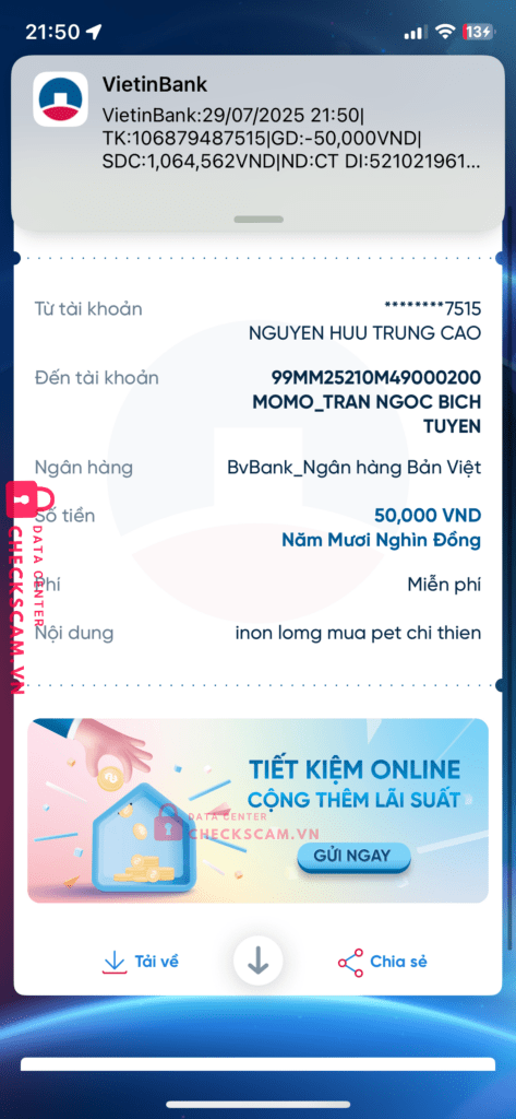 99MM25210M49000200 TRAN NGOC BICH TUYEN BV Bank bị cảnh báo lừa đảo scam