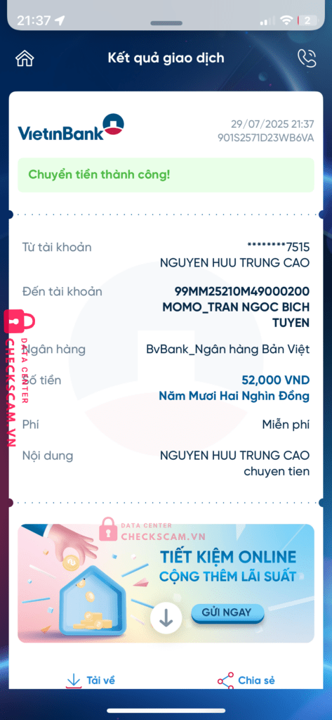 99MM25210M49000200 TRAN NGOC BICH TUYEN BV Bank bị cảnh báo lừa đảo scam