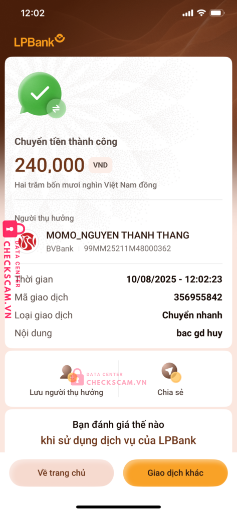 99MM25211M48000362 NGUYEN THANH THANG BV Bank bị cảnh báo lừa đảo scam