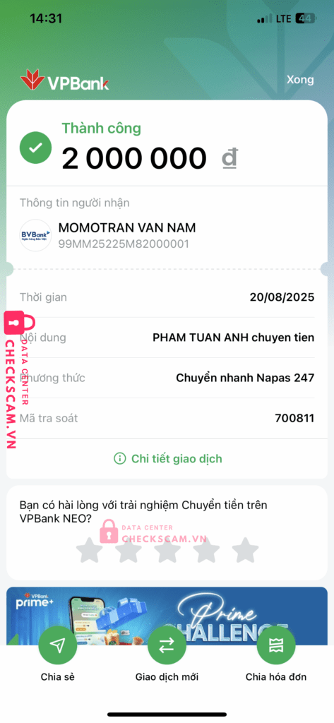 99MM25225M82000001 Tran Van Nam BV BANK bị cảnh báo lừa đảo scam