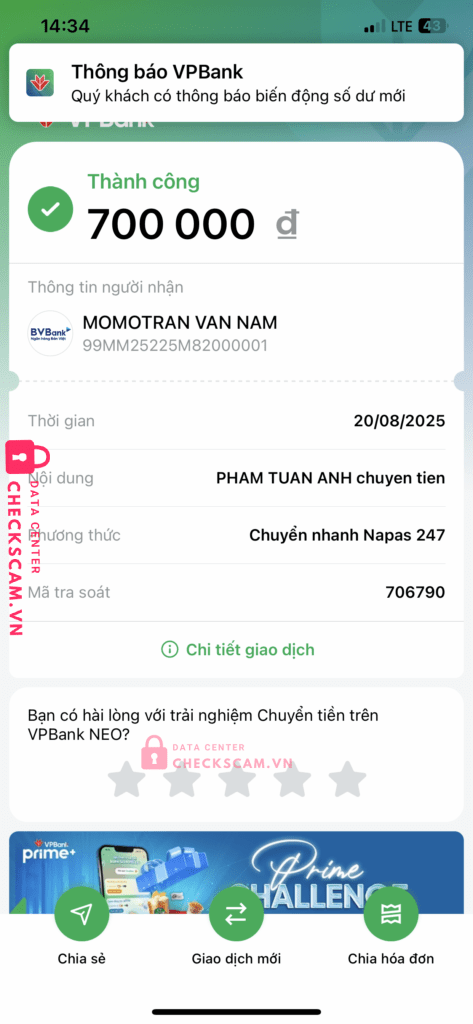 99MM25225M82000001 Tran Van Nam BV BANK bị cảnh báo lừa đảo scam