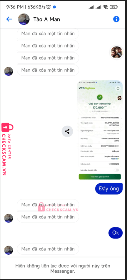 99ZP24102M19099382 DUONG HUYNH THAI BV BANK bị cảnh báo lừa đảo scam
