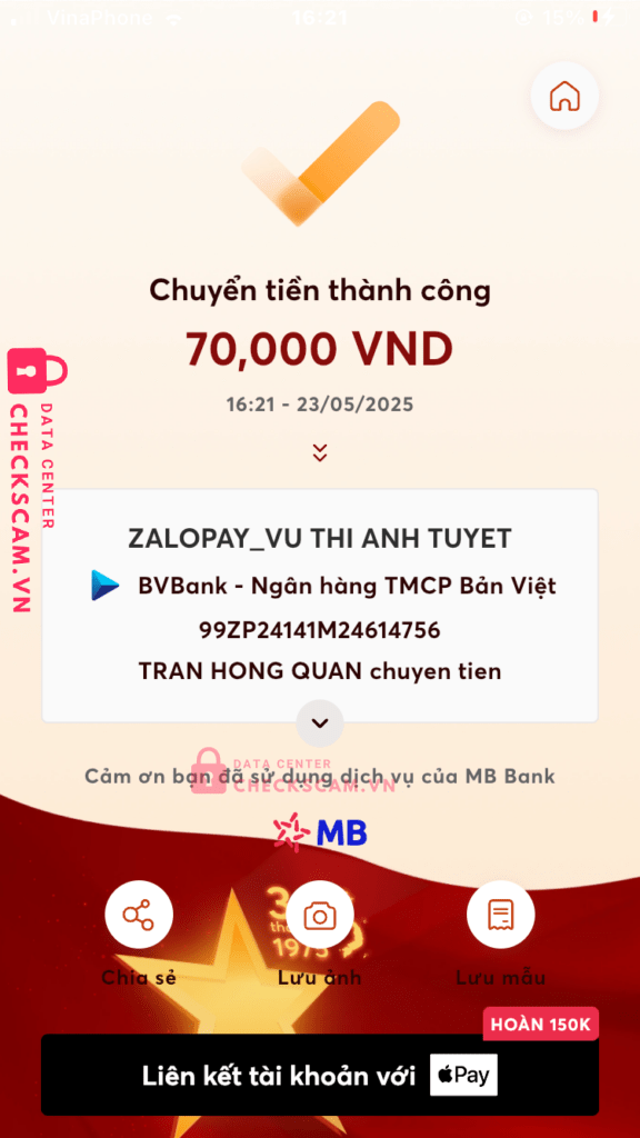 99ZP24141M24614756 Vu Thi Anh Tuyet BV BANK bị cảnh báo lừa đảo scam