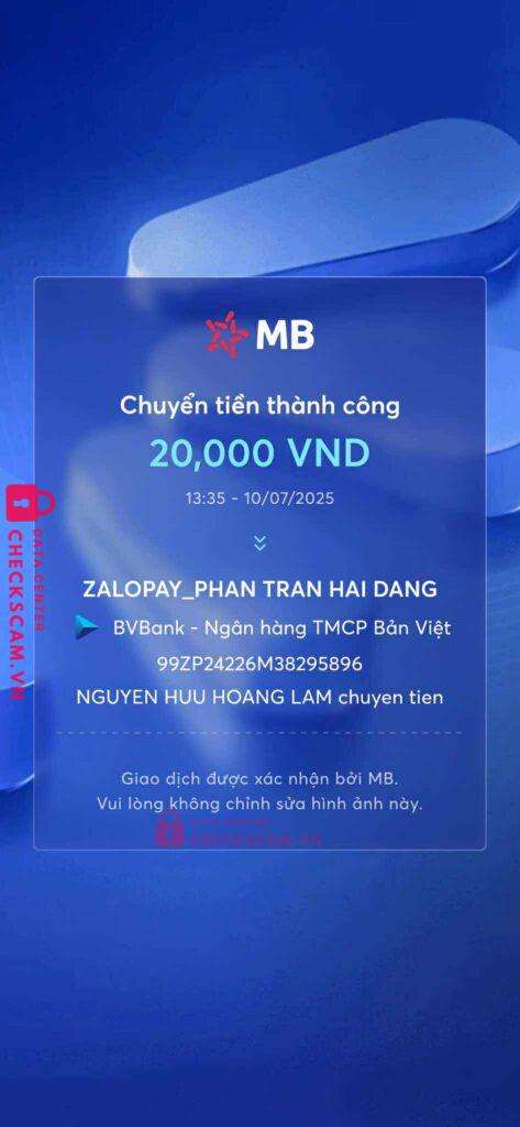 99ZP24226M38295896 PHAN TRAN HAI DANG BV BANK bị cảnh báo lừa đảo scam