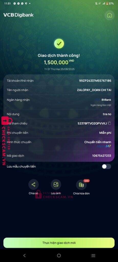 99ZP24337M55767186 Doan Chi Tai BV BANK bị cảnh báo lừa đảo scam