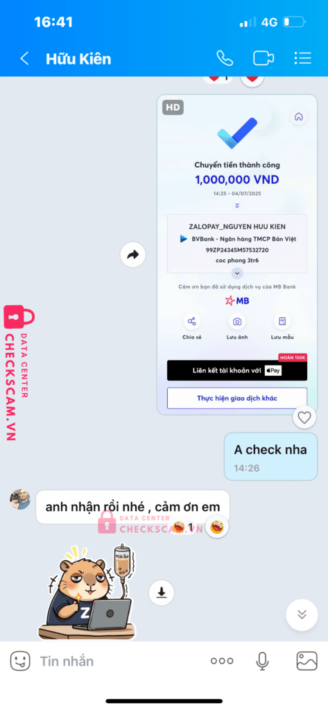 99ZP24345M57532720 NGUYEN HUU KIEN BV BANK bị cảnh báo lừa đảo scam