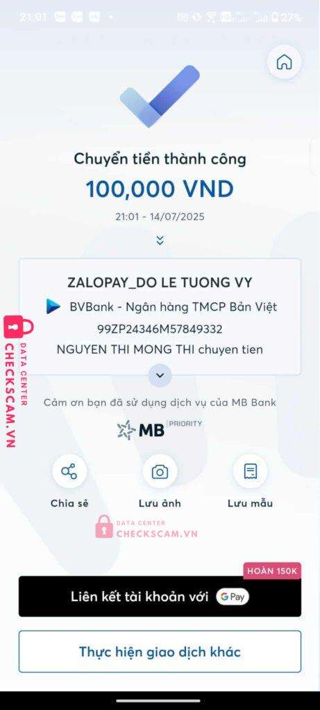 99ZP24346M57849332 Do Le Tuong Vy BV BANK bị cảnh báo lừa đảo scam
