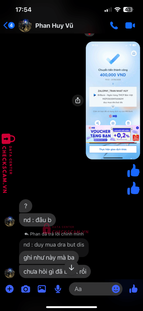 99ZP25035M74308291 TRAN NHAT HUY BV BANK bị cảnh báo lừa đảo scam