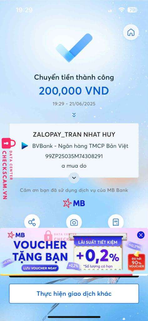 99ZP25035M74308291 TRAN NHAT HUY BV BANK bị cảnh báo lừa đảo scam