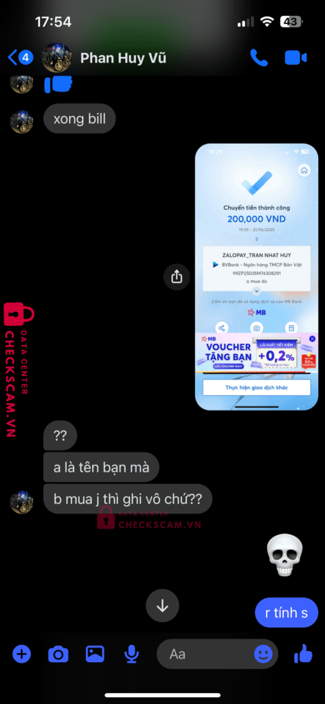 99ZP25035M74308291 TRAN NHAT HUY BV BANK bị cảnh báo lừa đảo scam