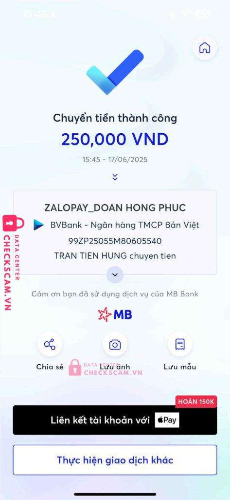 99ZP25055M80605540 DOAN HONG PHUC BV BANK bị cảnh báo lừa đảo scam