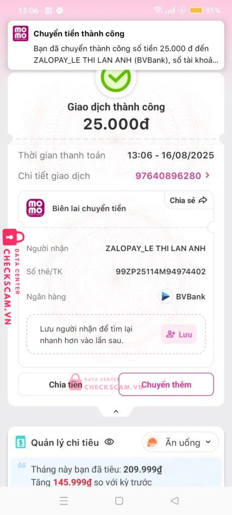 99ZP25114M94974402 LE THI LAN ANH BV BANK bị cảnh báo lừa đảo scam