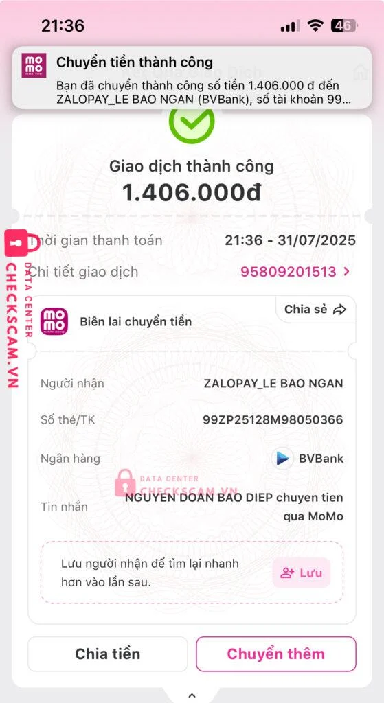 99ZP25128M98050366 Le Bao Ngan BV BANK bị cảnh báo lừa đảo scam