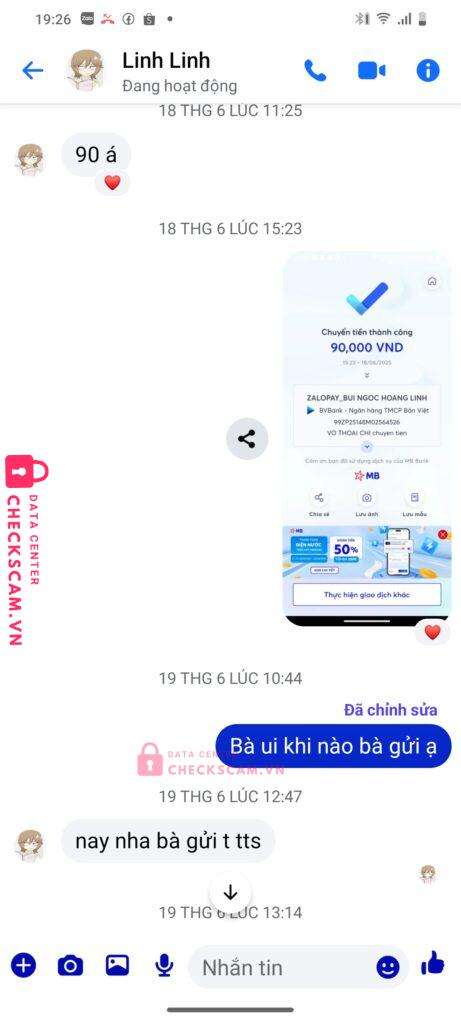 99ZP25148M02564526 BUI NGOC HOANG LINH BV BANK bị cảnh báo lừa đảo scam