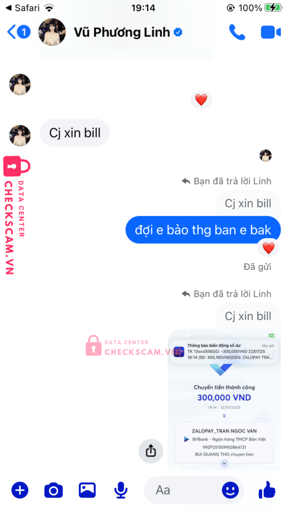 99ZP25150M02864721 TRAN NGOC VAN BV BANK bị cảnh báo lừa đảo scam