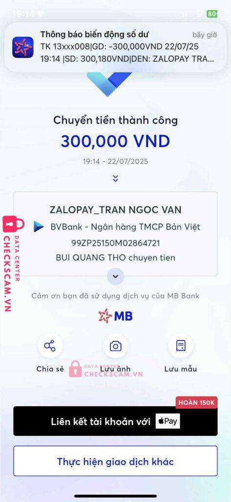 99ZP25150M02864721 TRAN NGOC VAN BV BANK bị cảnh báo lừa đảo scam
