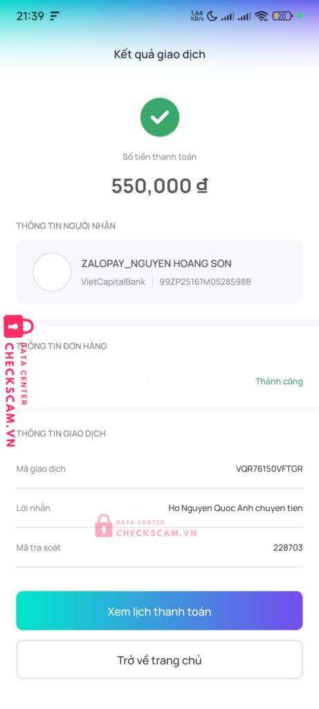 99ZP25161M05285988 NGUYEN HOANG SON BV BANK bị cảnh báo lừa đảo scam