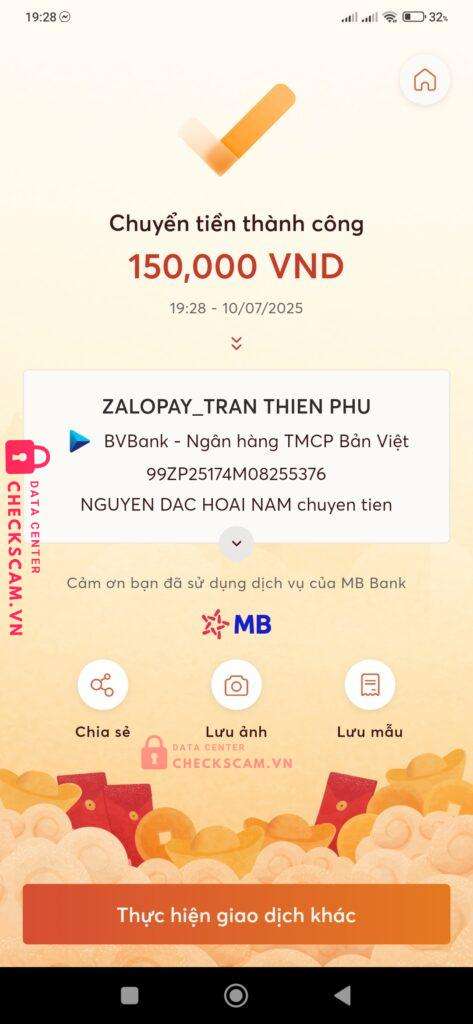 99ZP25174M08255376 TRAN THIEN PHU BV BANK bị cảnh báo lừa đảo scam