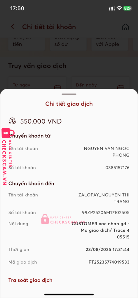 99ZP25206M17102505 Nguyen Thi Trang BV BANK bị cảnh báo lừa đảo scam
