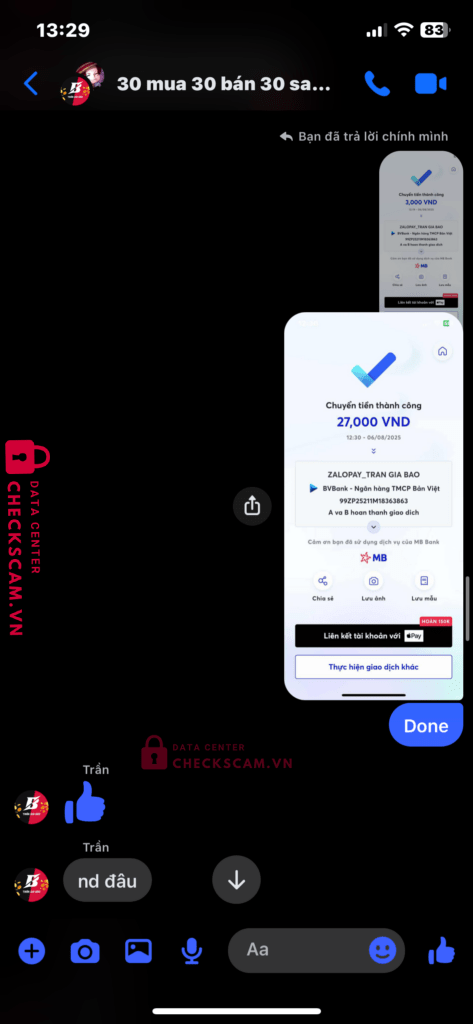 99ZP25211M18363863 TRAN GIA BAO BV BANK bị cảnh báo lừa đảo scam