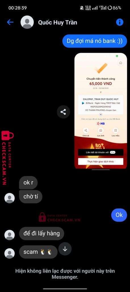 99ZP25225M22090142 Tran Duy Quoc Huy BV BANK bị cảnh báo lừa đảo scam