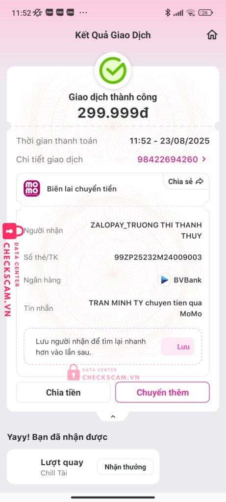 99ZP25232M24009003 Truong Thi Thanh Thuy BV BANK bị cảnh báo lừa đảo scam