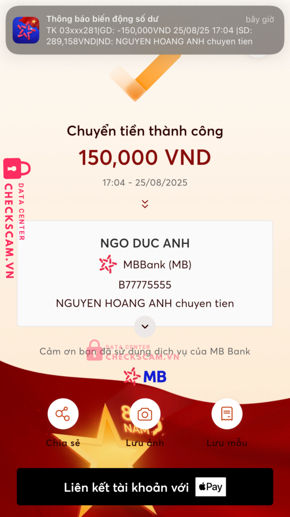 B77775555 Ngo Duc Anh MB bị cảnh báo lừa đảo scam