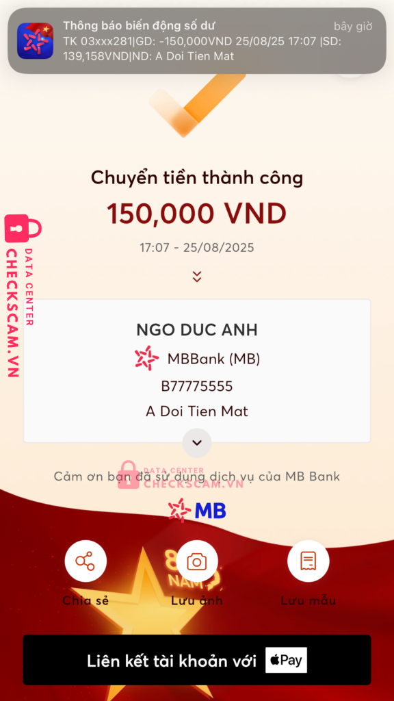 B77775555 Ngo Duc Anh MB bị cảnh báo lừa đảo scam