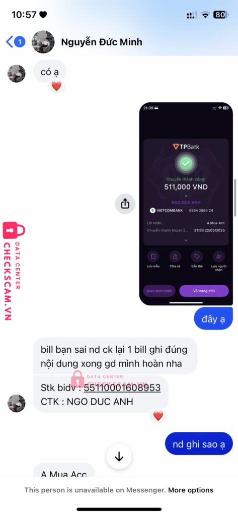 9384286424 Ngo Duc Anh VCB bị cảnh báo lừa đảo scam