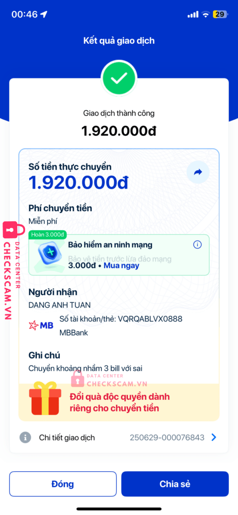 VQRQABLVX0888 DANG ANH TUAN MB bị cảnh báo lừa đảo scam