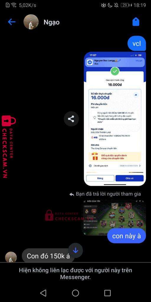 VQRQACTKL5630 NGUYEN THANH LAM MB bị cảnh báo lừa đảo scam
