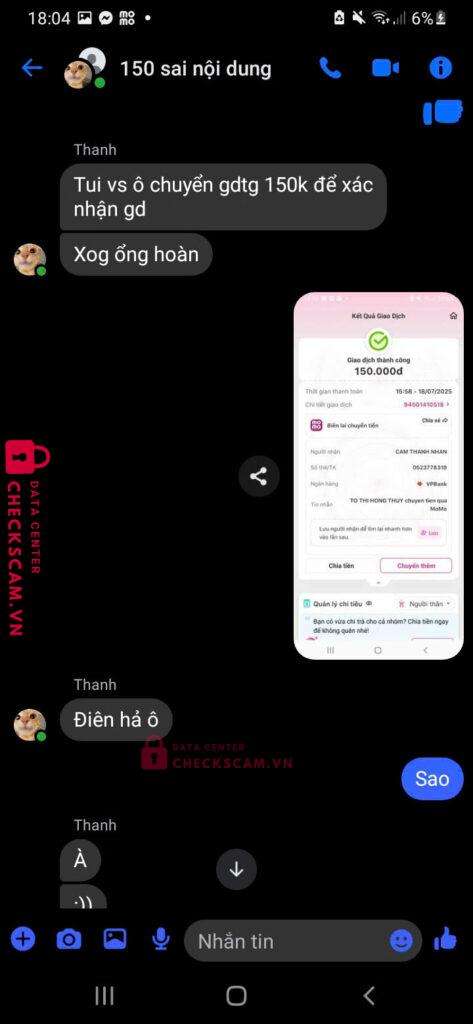 0523778319 CAM THANH NHAN VP BANK bị cảnh báo lừa đảo scam