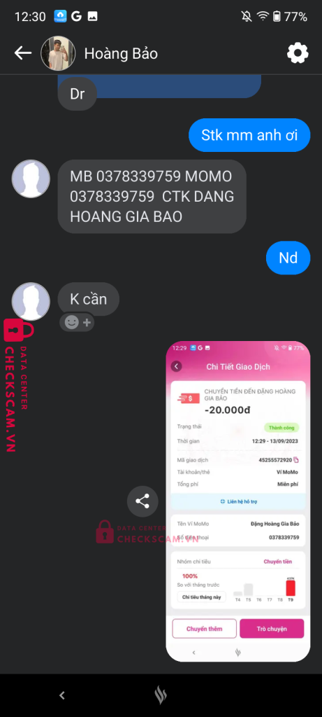 0378339759 DANG HOANG GIA BAO Momo bị cảnh báo lừa đảo scam