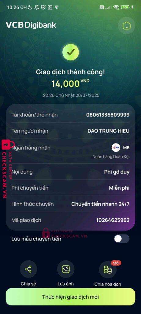 08061336809999 DAO TRUNG HIEU MB bị cảnh báo lừa đảo scam