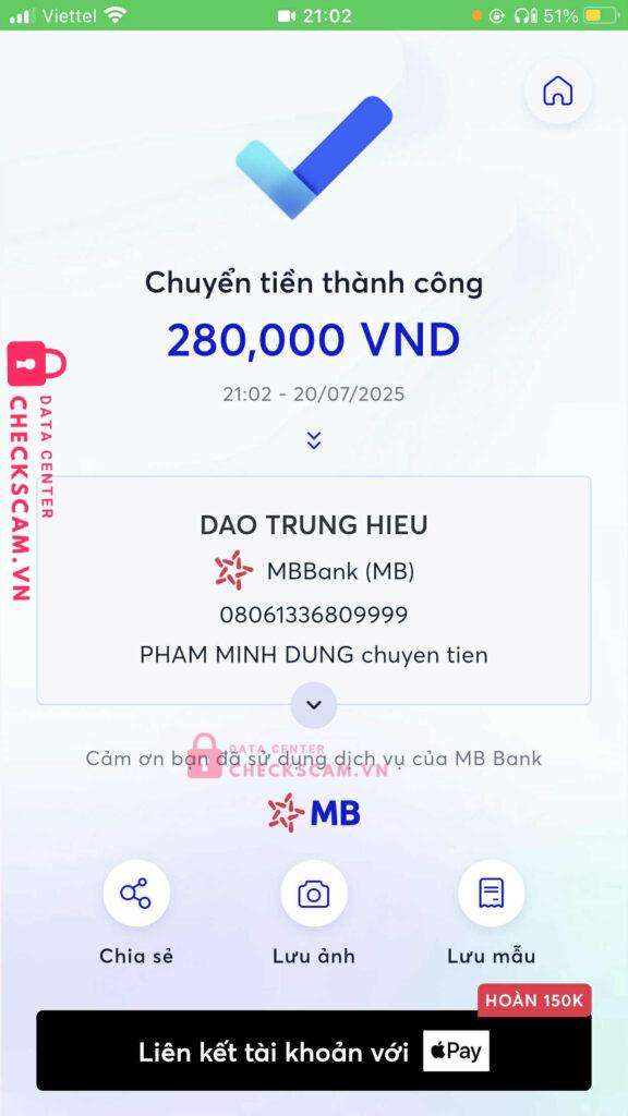 08061336809999 DAO TRUNG HIEU MB bị cảnh báo lừa đảo scam
