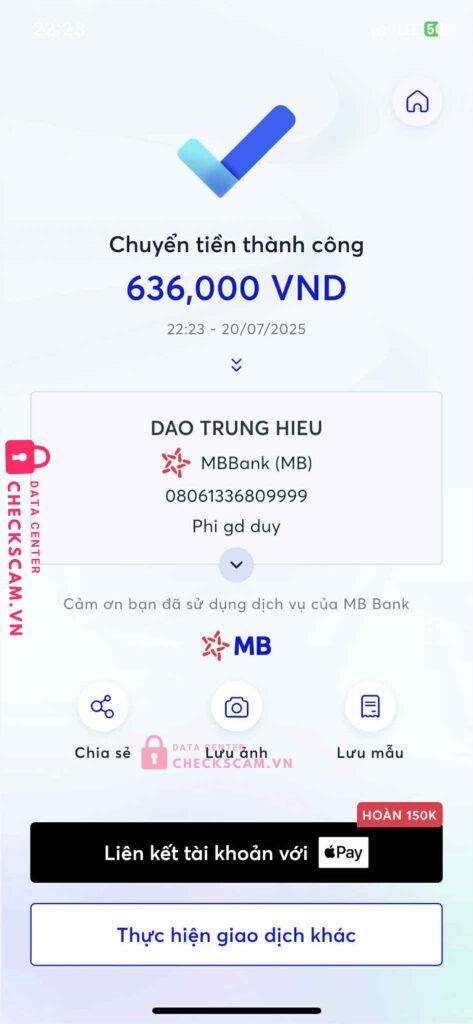 08061336809999 DAO TRUNG HIEU MB BANK bị cảnh báo lừa đảo scam
