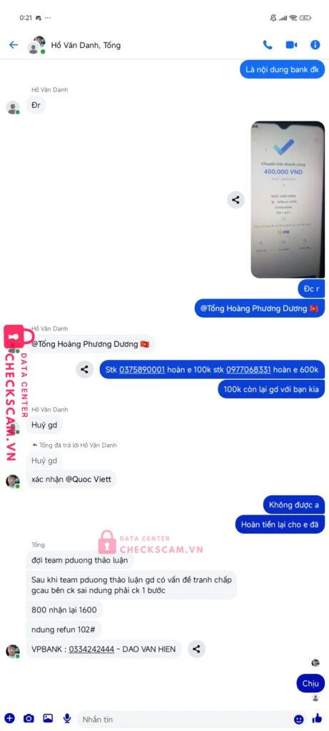 0334242444 DAO VAN HIEN VP Bank bị cảnh báo lừa đảo scam