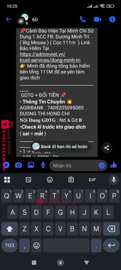 7409205095085 nDUONG THI HONG TRI Agribank bị cảnh báo lừa đảo scam