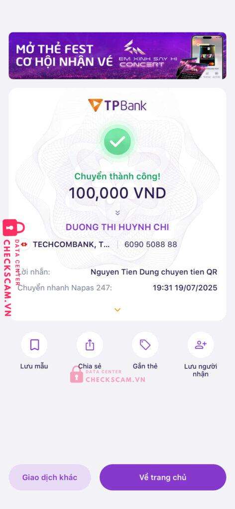 6090508888 DUONG THI HUYNH CHI TECHCOMBANK bị cảnh báo lừa đảo scam