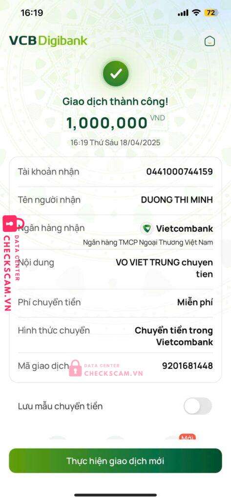 0441000744159 DUONG THI MINH Vietcombank bị cảnh báo lừa đảo scam
