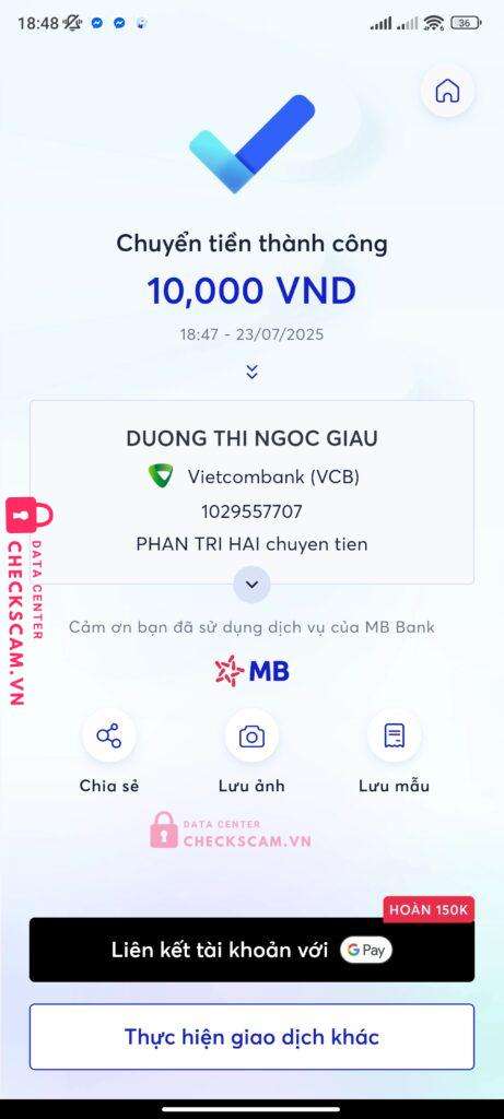 1029557707 DUONG THI NGOC GIAU vietcombank bị cảnh báo lừa đảo scam