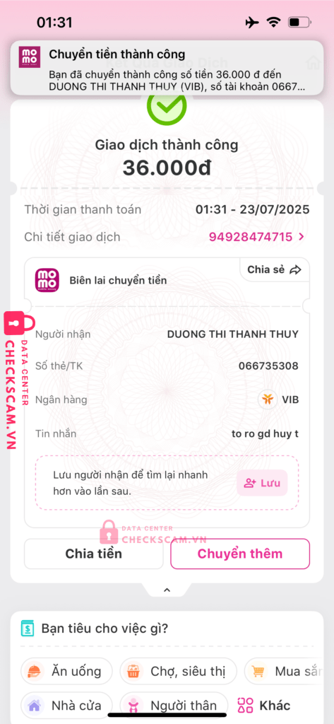 066735308 DUONG THI THANH THUY vib bị cảnh báo lừa đảo scam