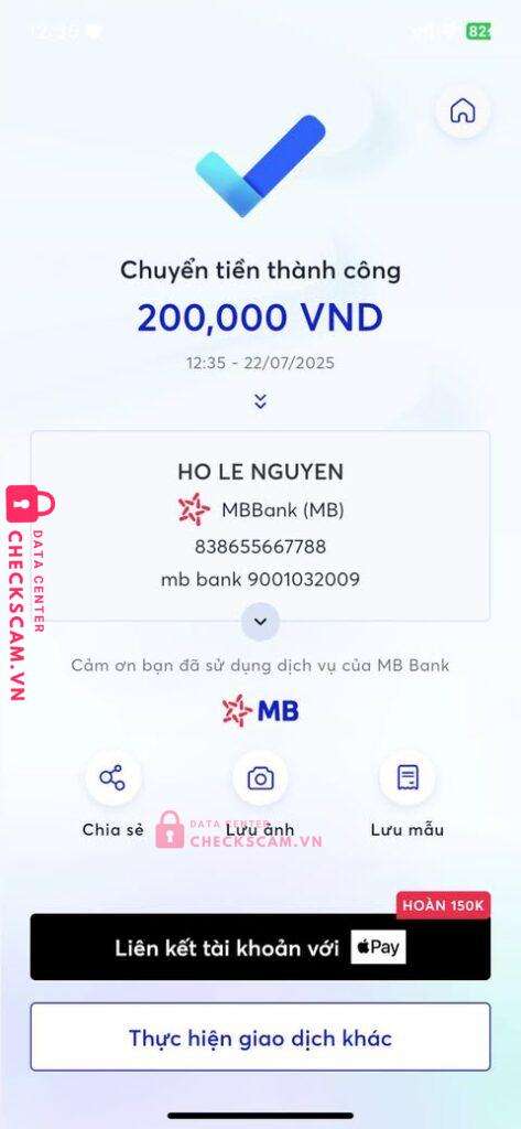 838655667788 HO LE NGUYEN MB BANK bị cảnh báo lừa đảo scam