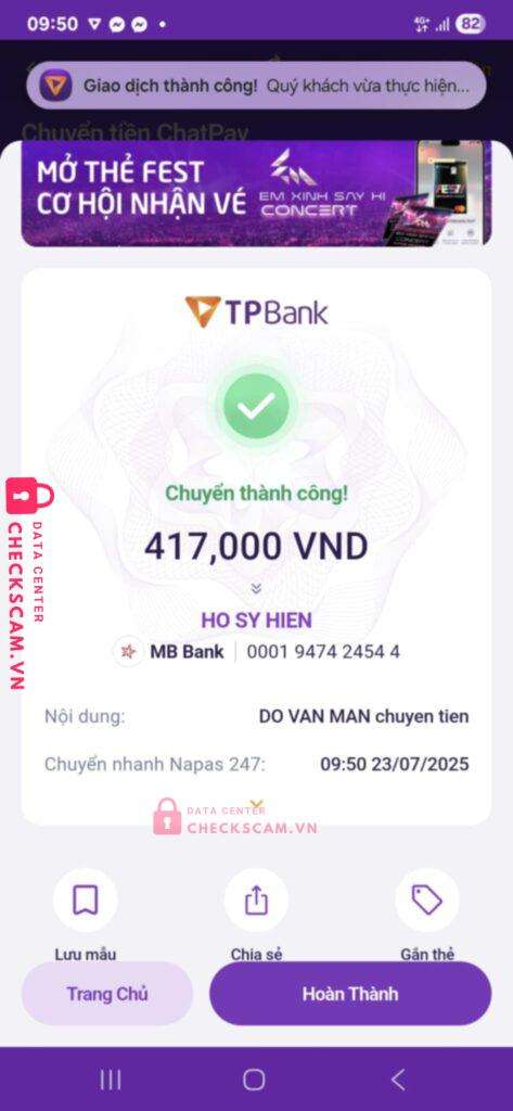 0001947424544 HO SY HIEN MB bị cảnh báo lừa đảo scam