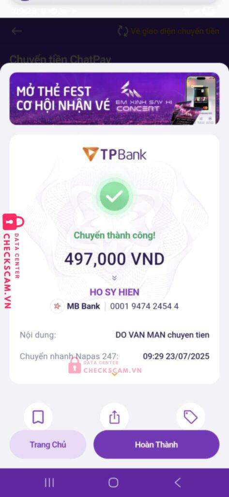 0001947424544 HO SY HIEN mb bank bị cảnh báo lừa đảo scam